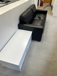 Office furniture bulky waste collection Southwark - black leather sofa, white cabinets, office storage units
