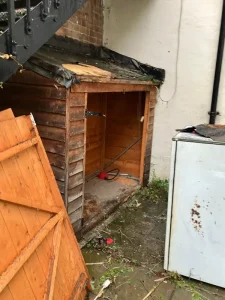 Professional shed clearing process showing methodical emptying by Junk Guy team in North London