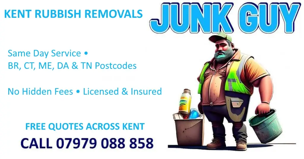 JUNK GUY Kent rubbish removals banner showing professional waste removal worker with contact number 07979 088858 for Canterbury, Maidstone, Ashford and all Kent areas